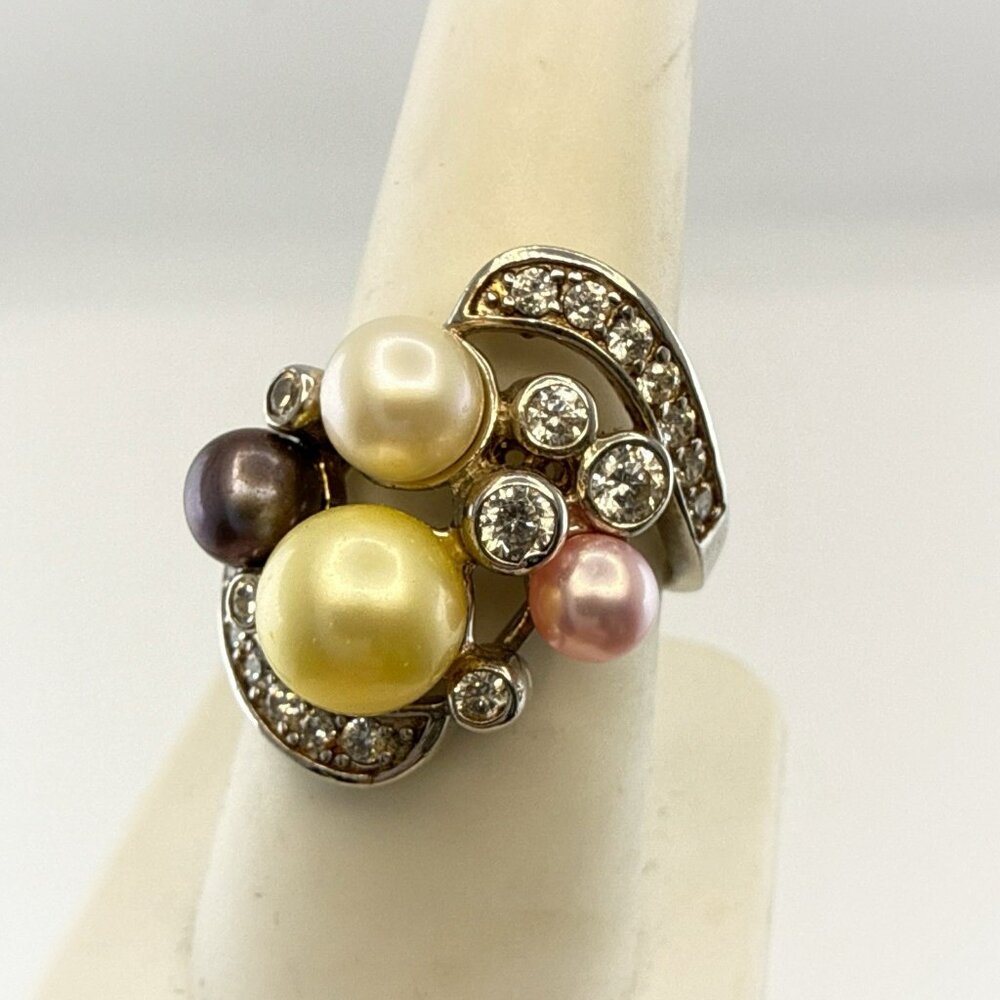 Joseph Esposito Ring Pearl Sterling Silver ESPO 925 Size 8 Cluster Pastel QVC
